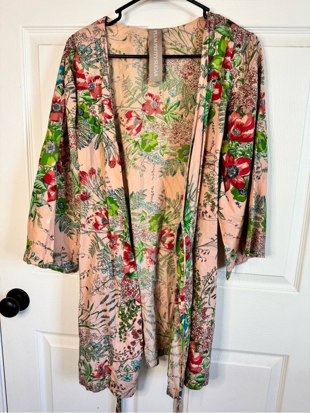 Plum Pretty Sugar Peach Floral Wrap Robe with Red & Green Accents - Picture 3 of 6